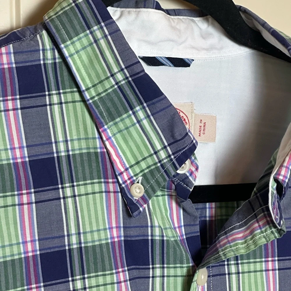 Brooks Brothers Button Up Shirt XXL Long Sleeve Blue Green Plaid 100% Cotton
